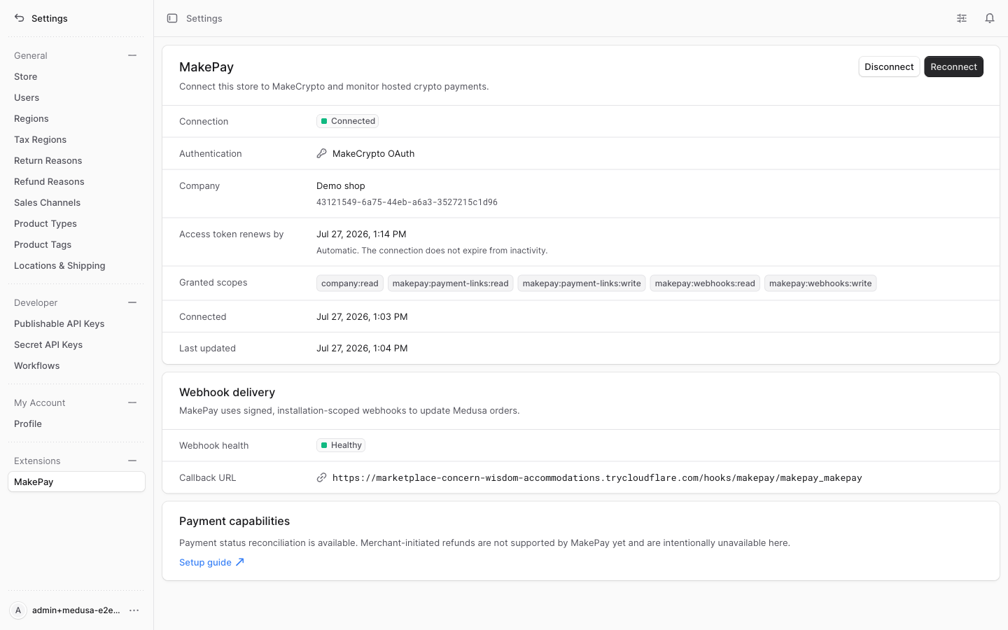 Medusa Admin MakePay settings connected to a sandbox company with OAuth and installation webhook health.