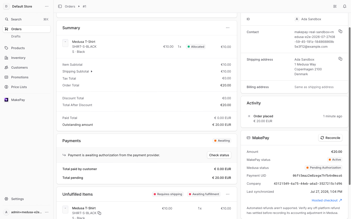 Medusa order details showing the MakePay payment widget and read-only reconciliation controls.