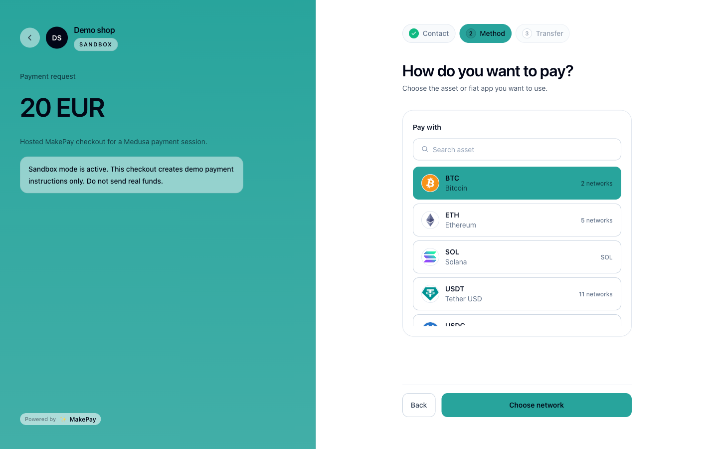 MakePay sandbox hosted checkout opened from the Medusa storefront order flow.
