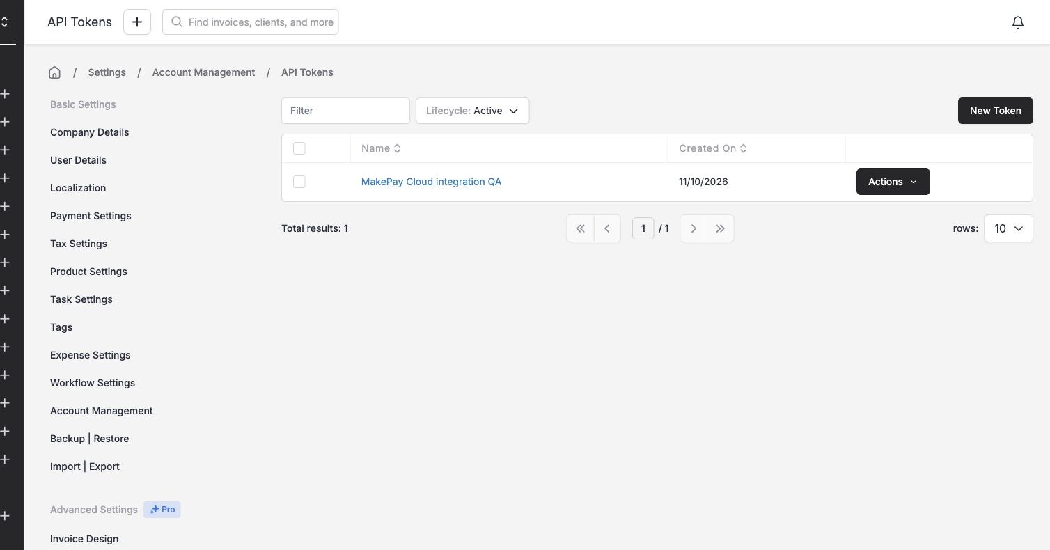 API Tokens page with the New Token button and a named MakePay QA token; the secret is not shown