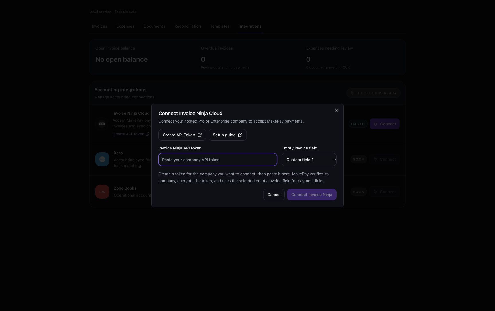 Invoice Ninja Cloud connection dialog with Create API Token and Setup guide links, an empty token field, and a custom field selector