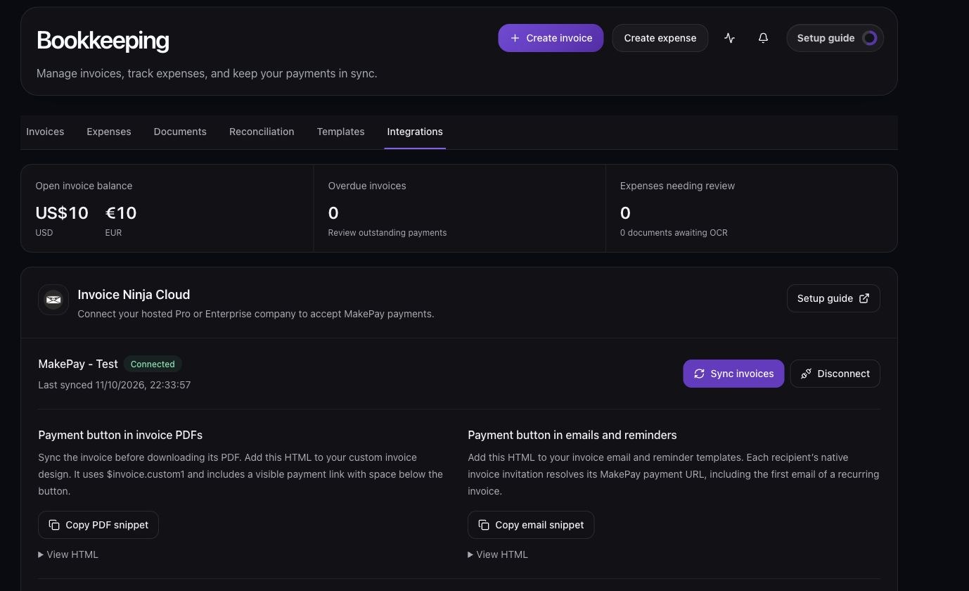 Connected Invoice Ninja Cloud panel in Bookkeeping with Sync invoices, Copy PDF snippet, and Copy email snippet controls