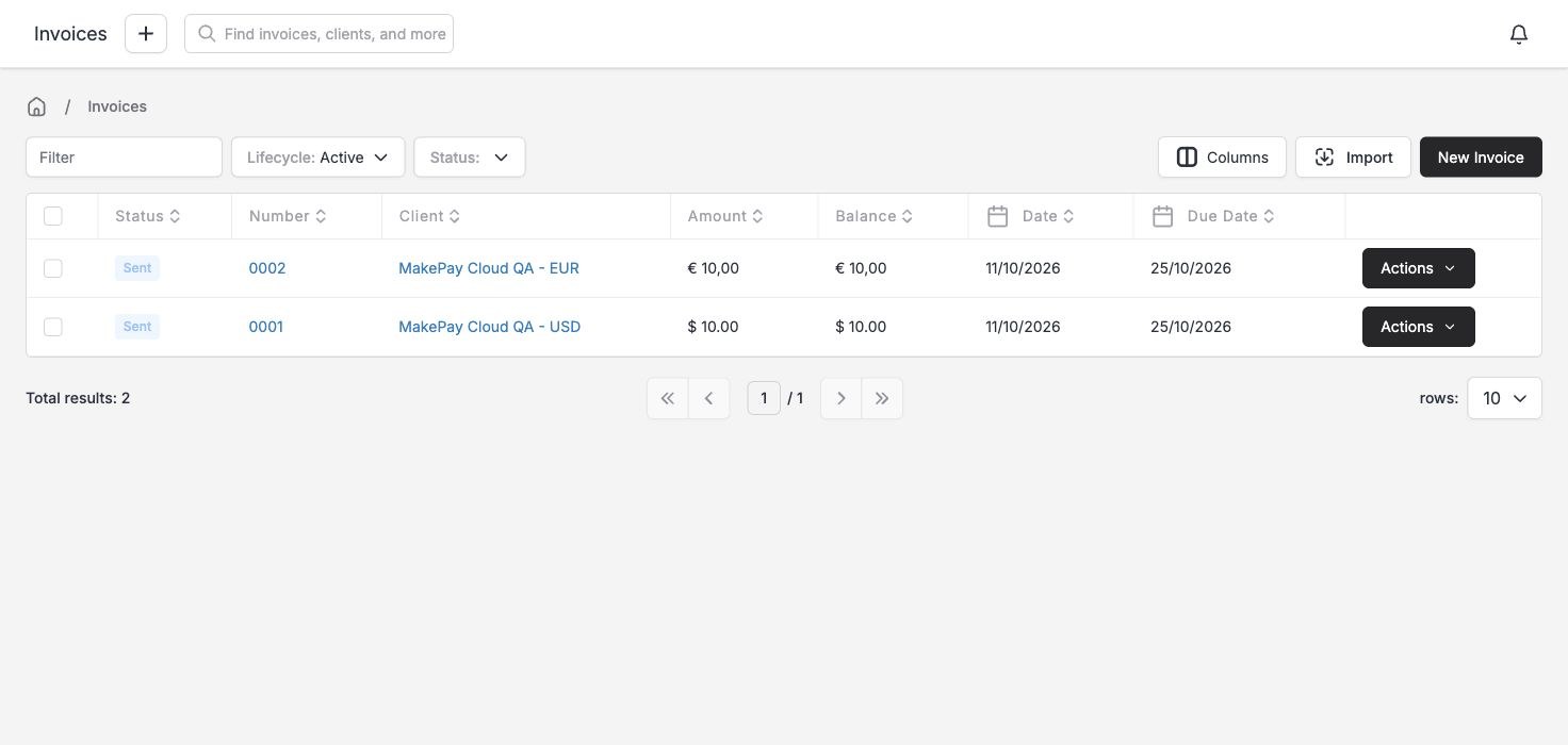 Issued QA invoices in Invoice Ninja: invoice 0001 for USD 10 and invoice 0002 for EUR 10