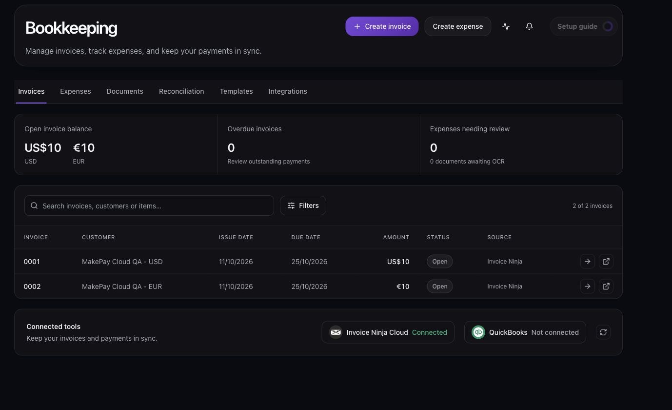 Bookkeeping ledger showing the synced USD and EUR QA invoices with separate currency balances
