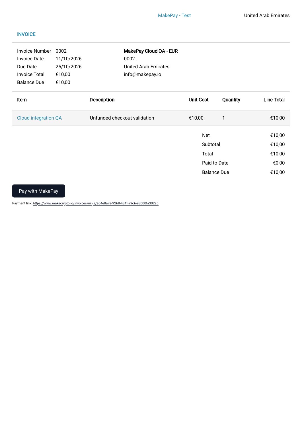 Downloaded EUR QA invoice PDF with a MakePay button and a visible underlined payment link below it
