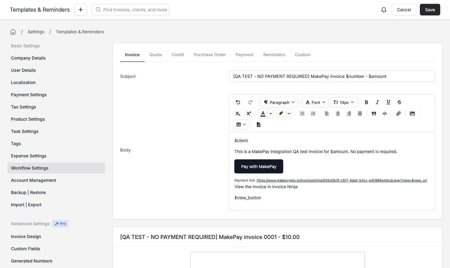 Invoice email template with the MakePay button, underlined fallback link, and native invoice-view variable