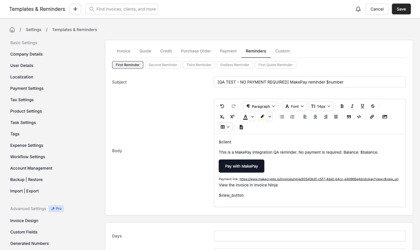 First Reminder template containing the MakePay button and fallback link