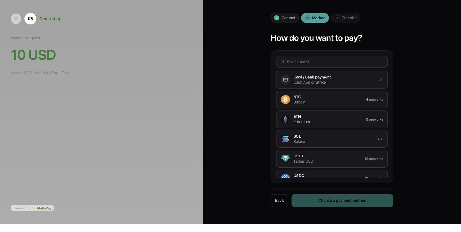 MakePay checkout for a USD QA invoice showing 10 USD and available payment assets