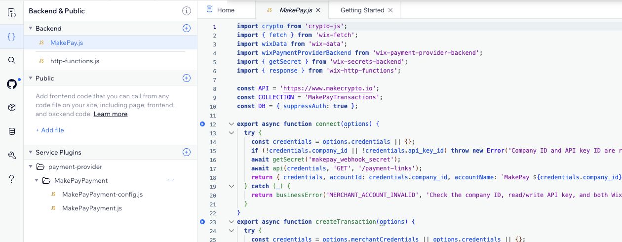The two backend files and two MakePayPayment plugin files in Wix