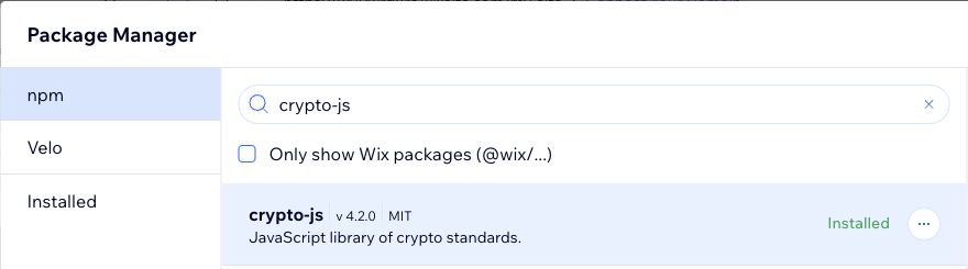 Package Manager search for crypto-js, version 4.2.0, showing Installed