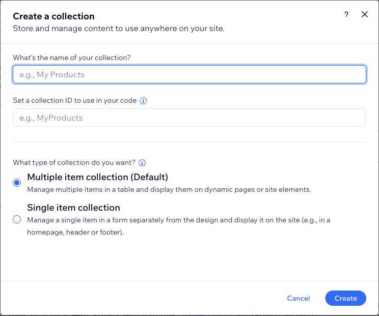 Create a collection form with name, collection ID and Multiple item collection