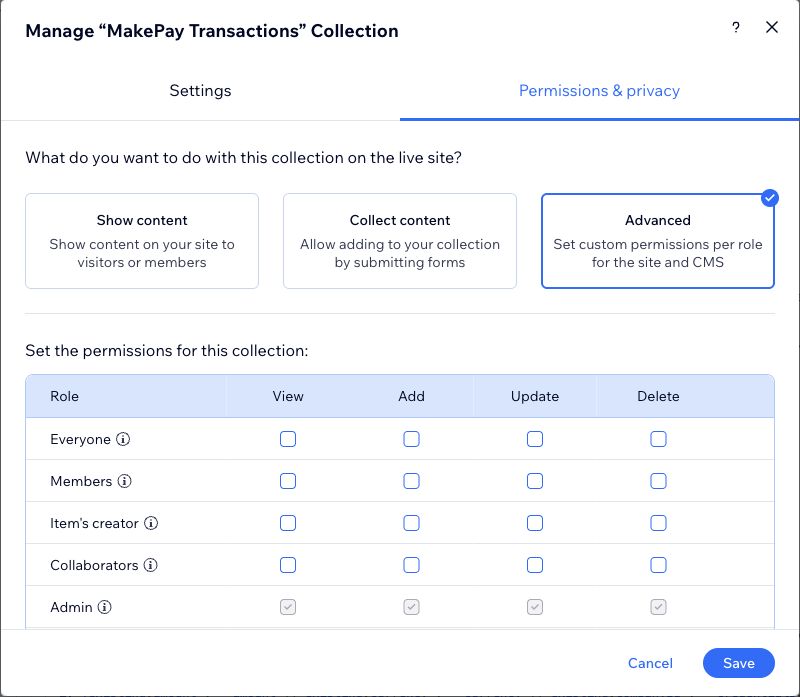 Advanced collection permissions: only Admin has View, Add, Update and Delete