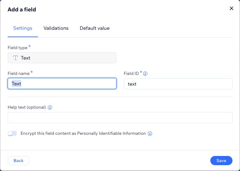 Add a field form with Text type, Field name and Field ID