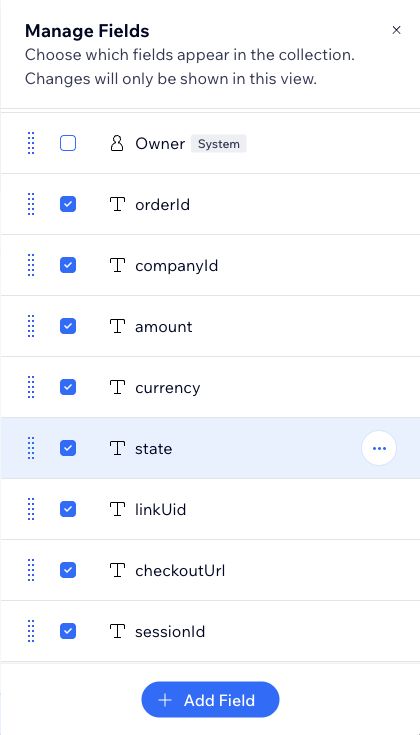 Manage Fields lists all eight transaction fields with the Text type icon