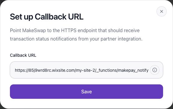 MakeCrypto callback URL dialog with a published Wix site endpoint and Save